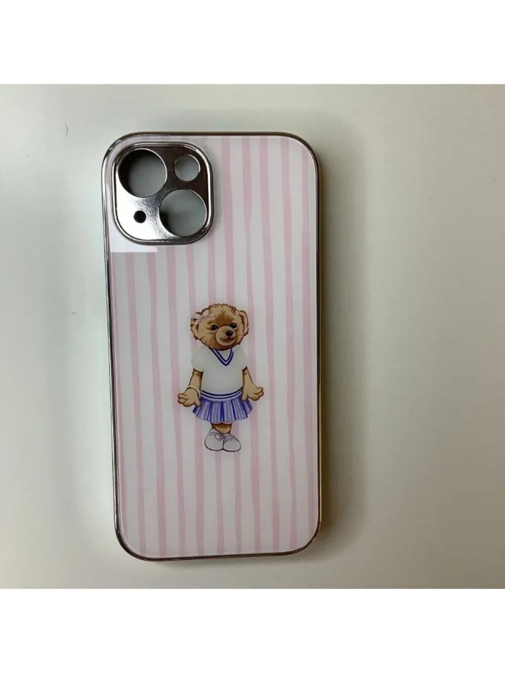 Teddy Bear iPhone 15 Case, Striped Pink And White With Girl Bear. New